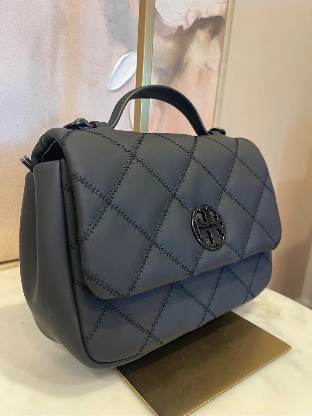 NWOT Tory Burch Black Willa Quilted Top-Handle Satchel with Logo Medallion